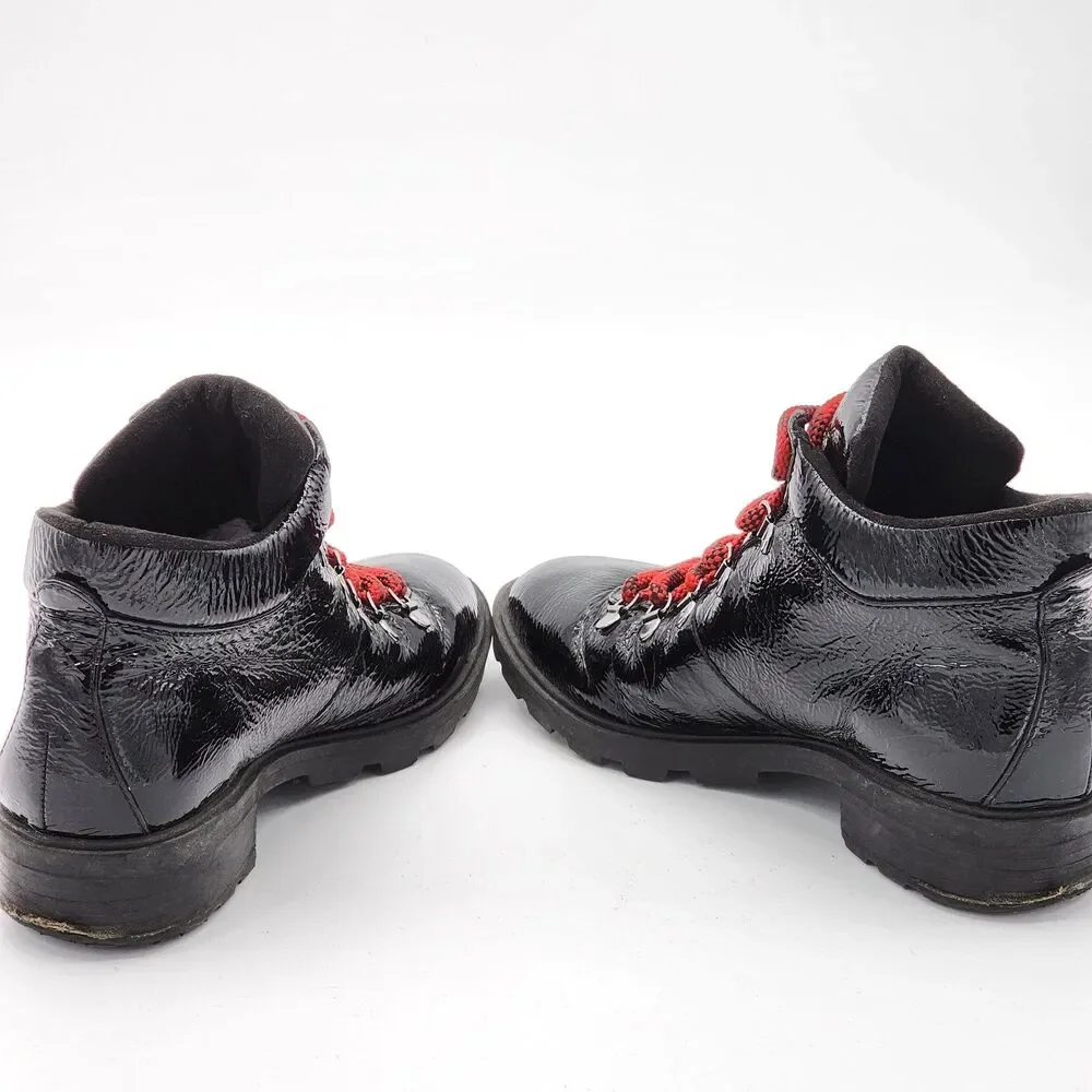 Schutz Niceia Patent Leather Lace Up Ankle Booties Boots Black Red Laces Size 8